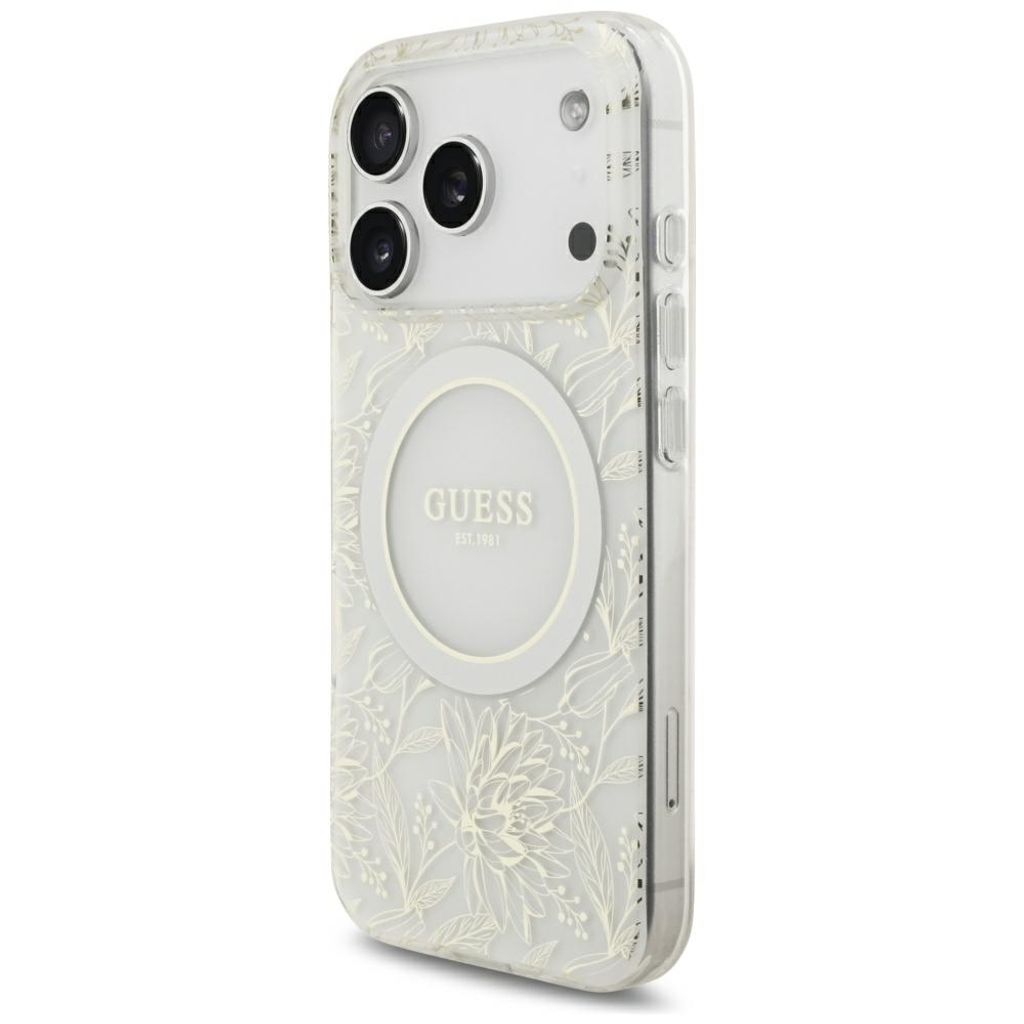 Guess IML Flower MagSafe -kuori helmirannekkeella iPhone 18 Pro/17 Pro:lle - Valkoinen