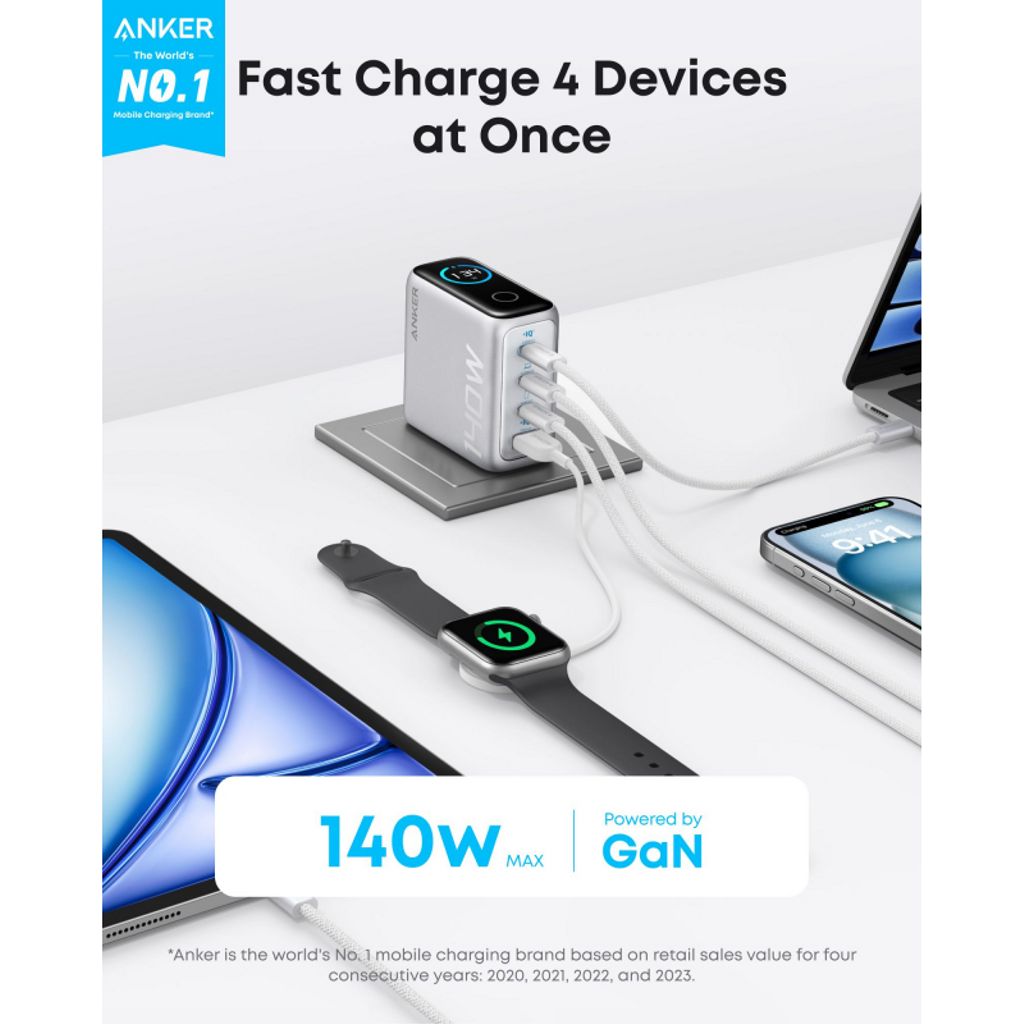 Anker Zolo 140W vegglader – 3x USB-C + 1x USB-A med USB-C-kabel – Sølv