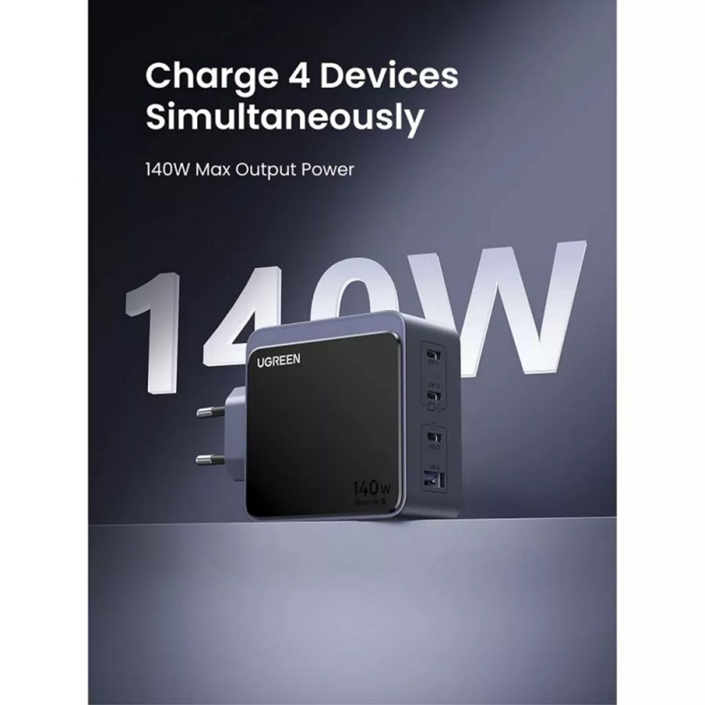 UGREEN 140W Seinälaturi X570 Nexode S 5A, 1x USB-A/3x USB-C - Harmaa