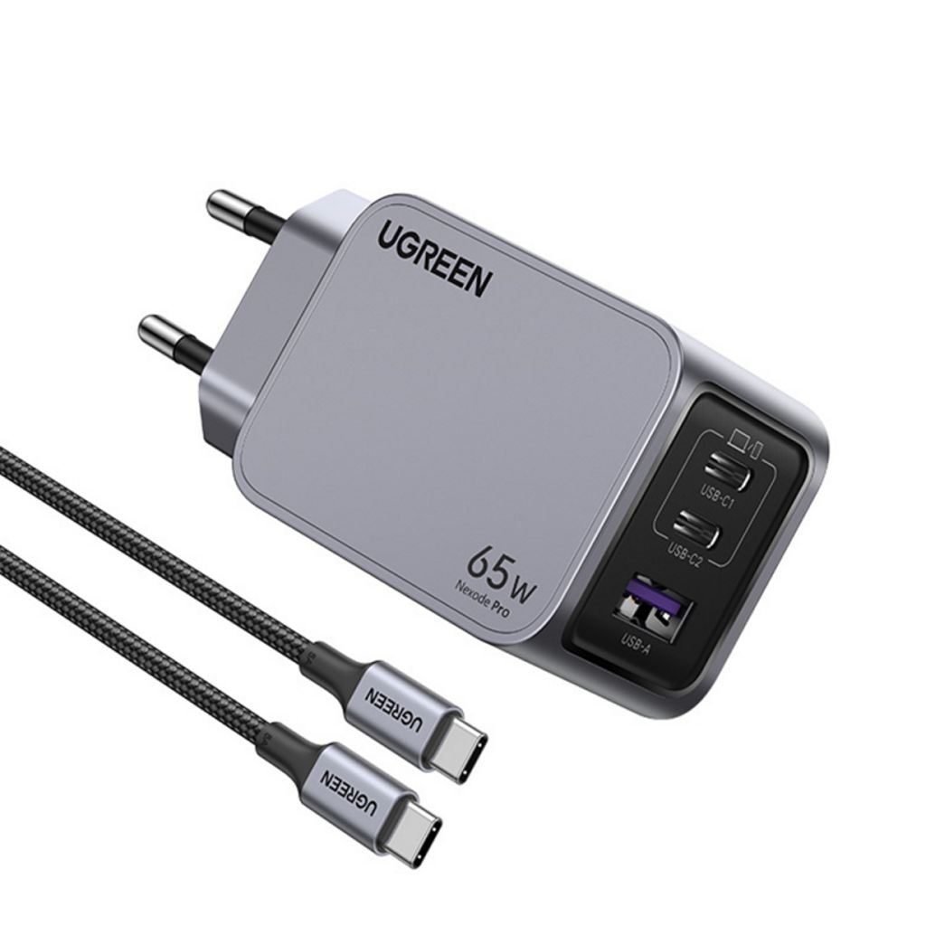 UGREEN X755 Nexode Pro 65W -seinälaturi – 2x USB-C / 1x USB-A USB-C-kaapelilla