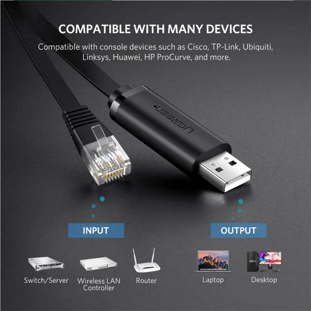 Ugreen CM204 USB-konsolikaapeli, RJ45, 3 m - musta