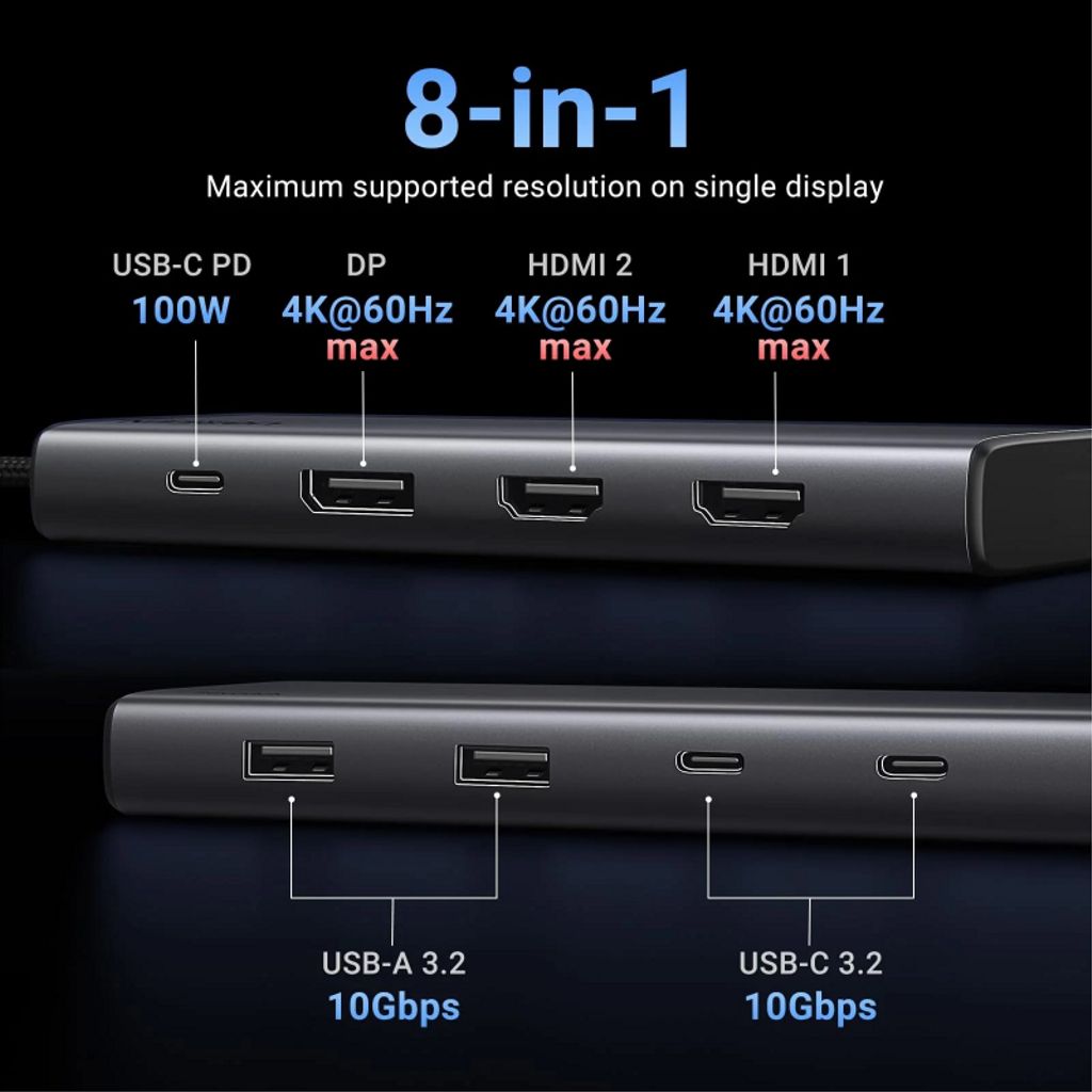 UGREEN Revodok 308 CM639 USB-C-hub med USB-A/USB-C/DisplayPort/HDMI – Grå