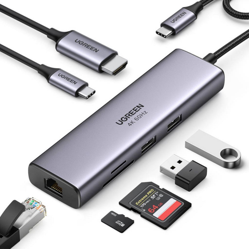 UGREEN CM512 USB-C-keskitin, jossa USB-C / HDMI / SD / microSD / RJ45 / 2x USB-A - Harmaa