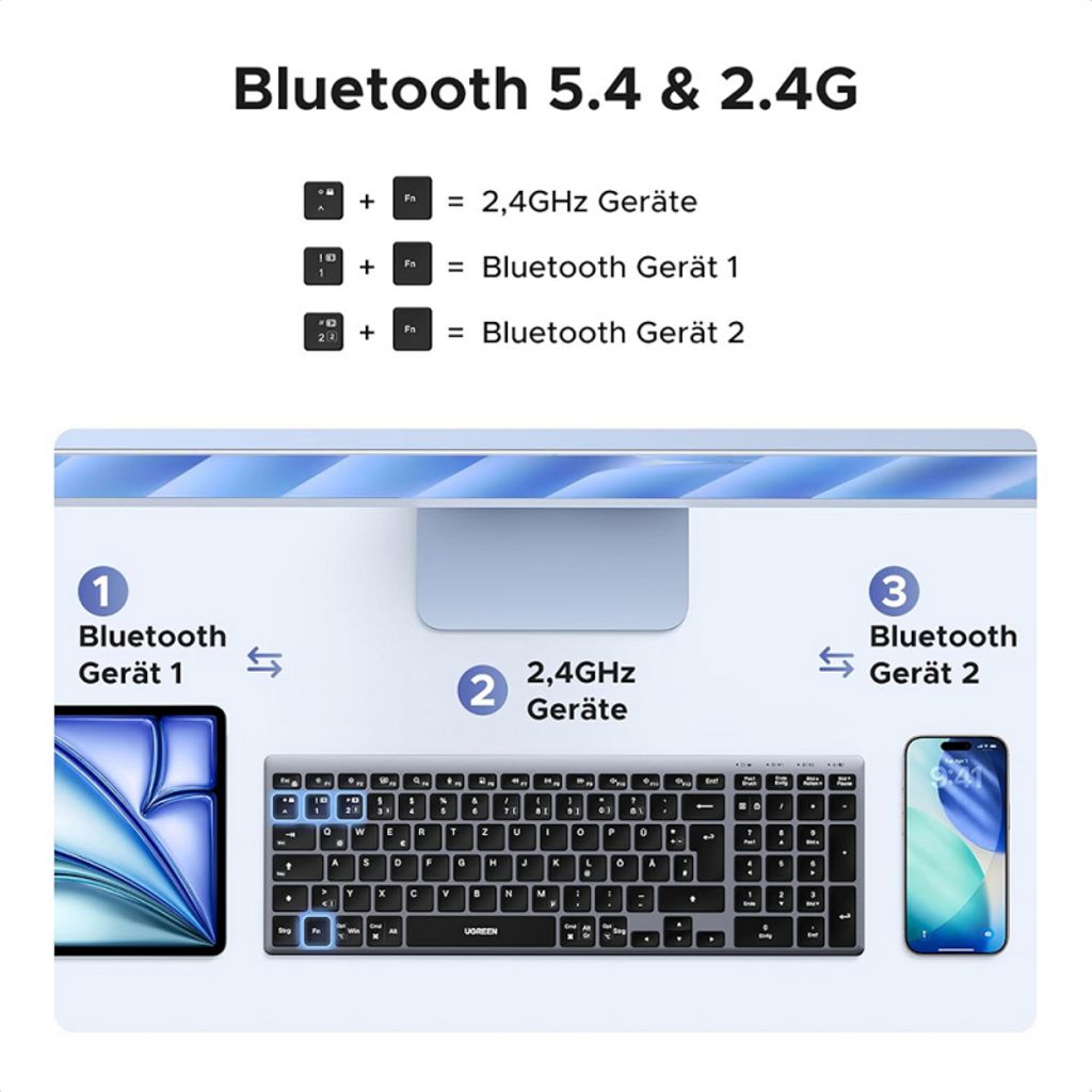 UGREEN K552 trådløst tastatur Bluetooth / WiFi 2.4G - sort