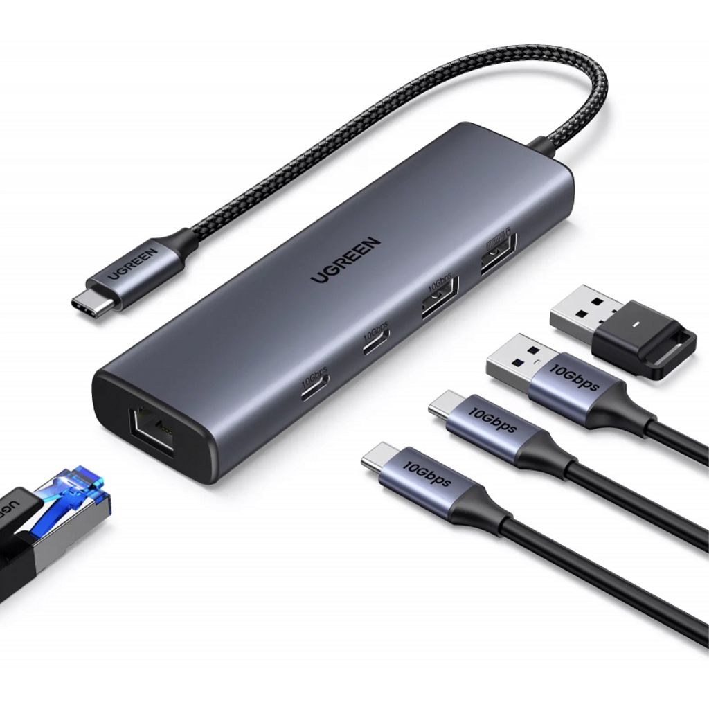 UGREEN CM512 USB-C Hub med 1x USB-A 3.2 / 1x USB-A / 3x USB-C / 1x RJ45 - grå