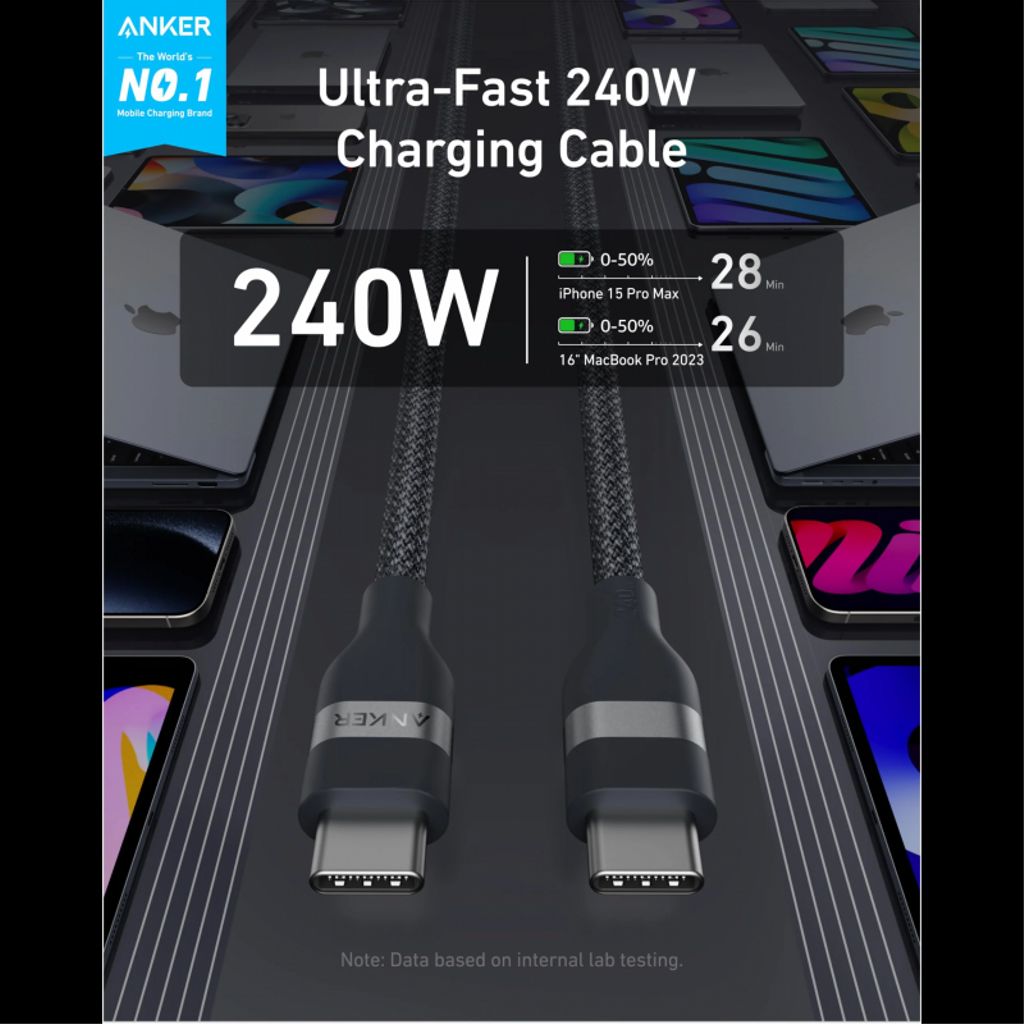 Anker USB-C til USB-C-kabel 240W, 1,8 m - Svart