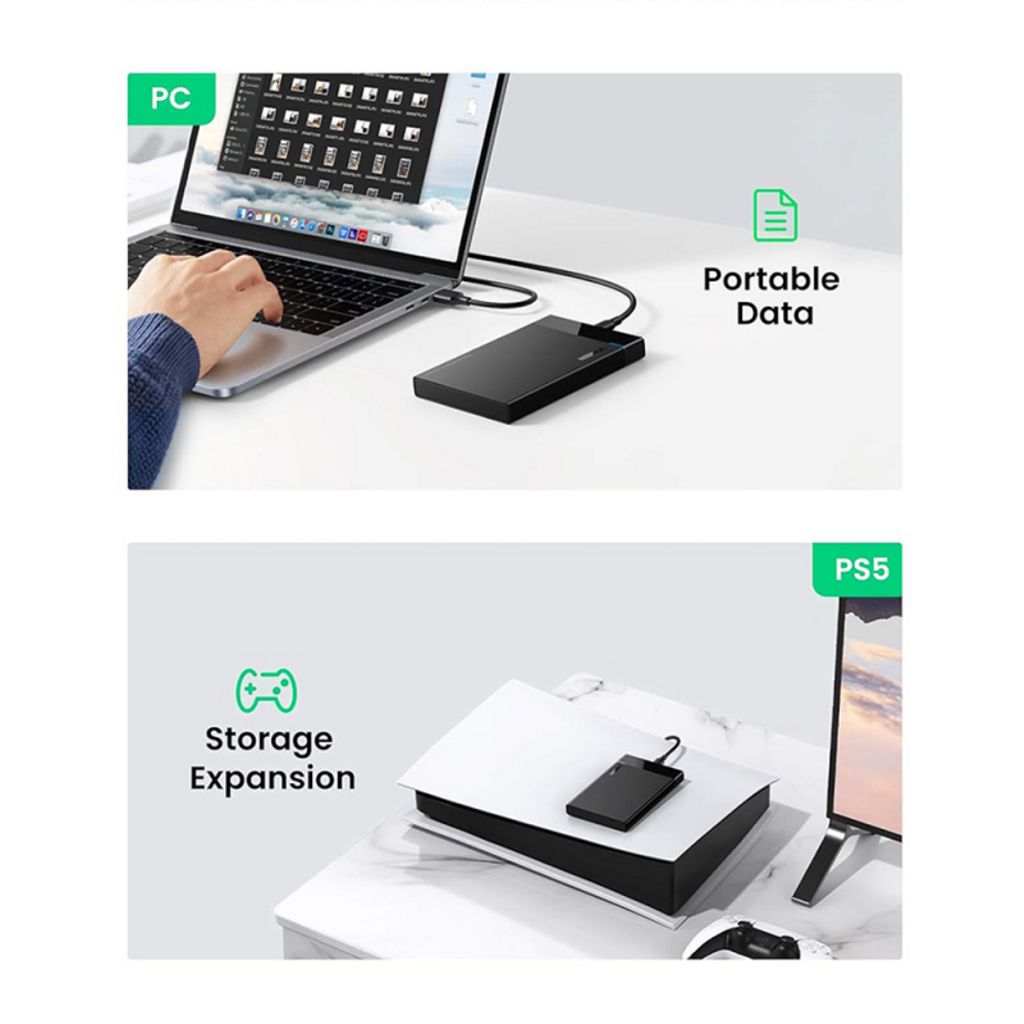 UGREEN Eksternt kabinet til 2,5 tommer HDD/SSD SATA, USB-C, sort