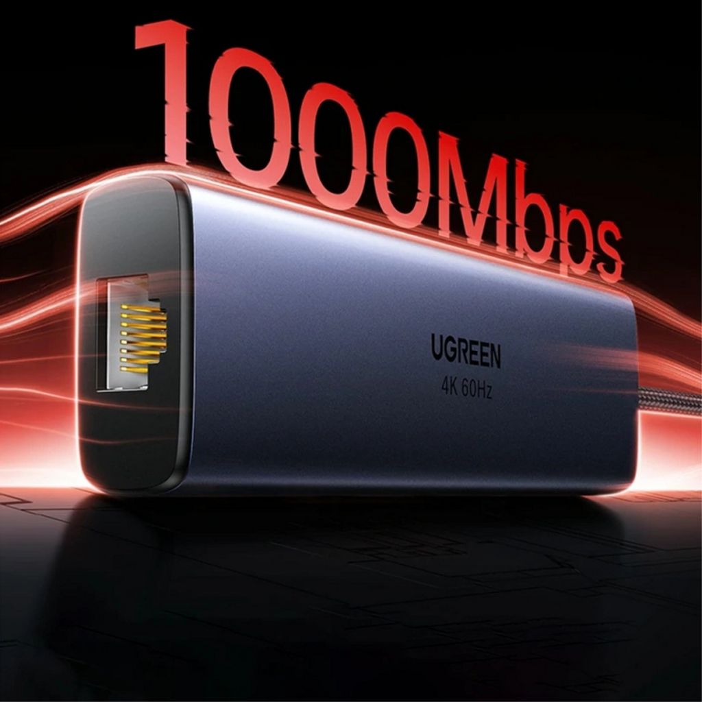 UGREEN CM512 USB-C-keskitin 6in1, jossa 1x USB-C/2x USB-A/1x RJ45/1x DisplayPort - harmaa