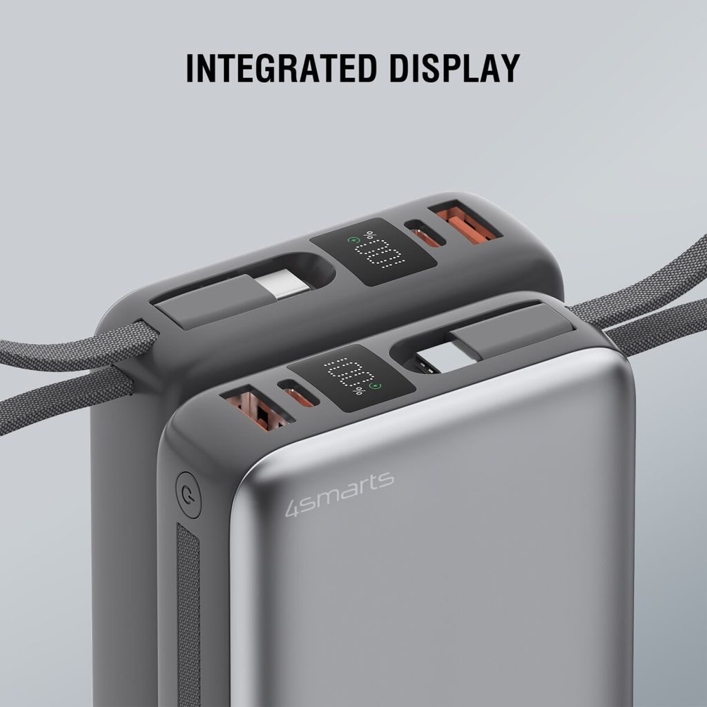 4Smarts Pocket Powerbank med Dubbla USB-C kablar 20000 mAh 22.5W – Space Grey