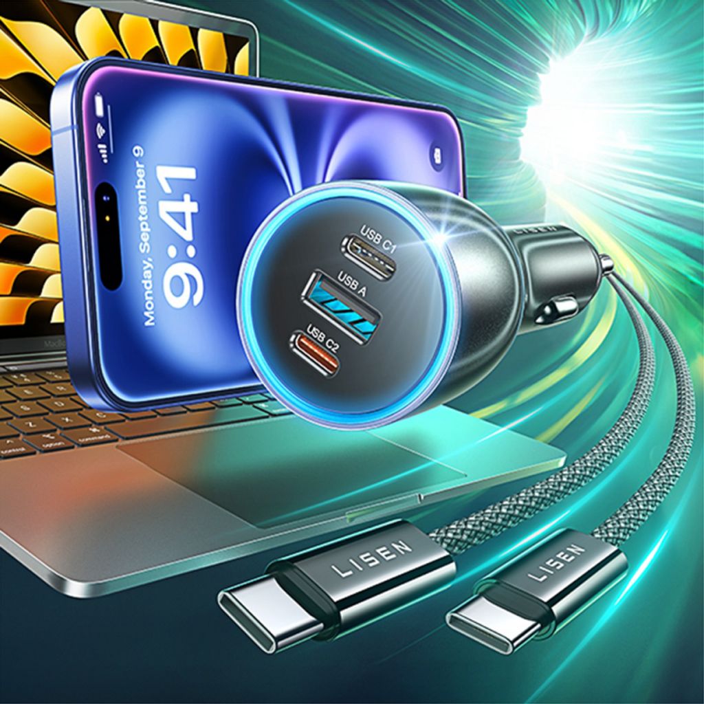 Lisen billaddare 170W, 5A, 2x USB-C / 1x USB-A med USB-C kabel - Svart