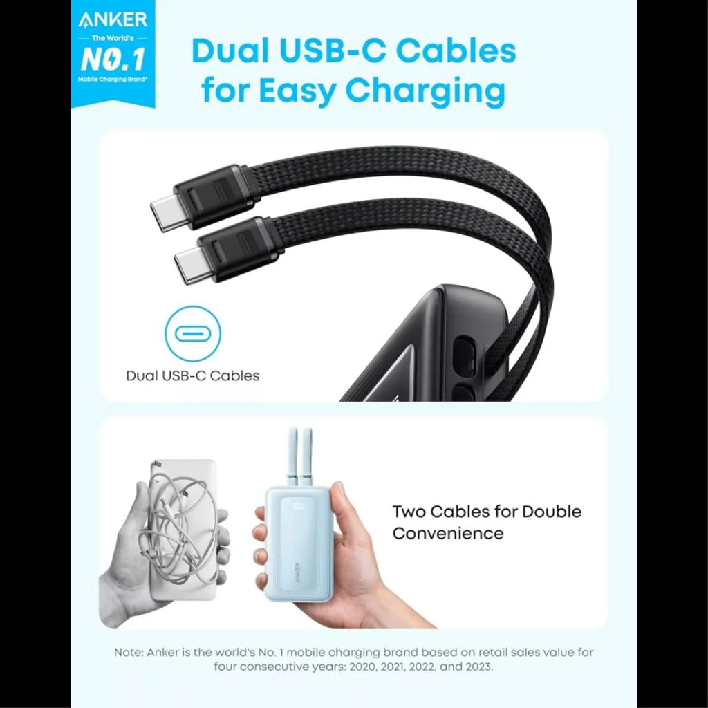 Anker Zolo powerbank 20000mAh med USB-C kablar – svart