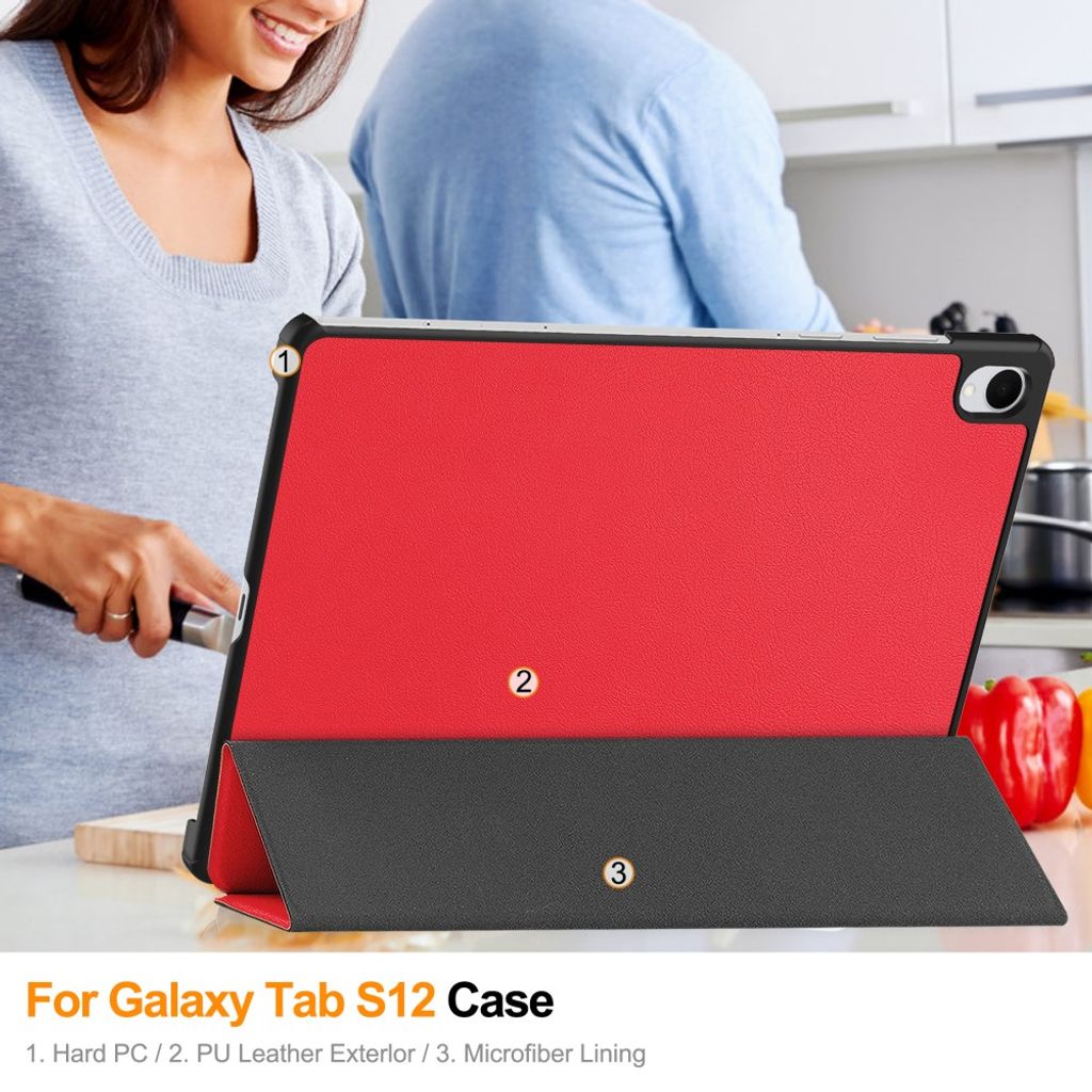 Samsung Galaxy Tab S12 Plus Slimmat Tri-fold stativfodral - Röd