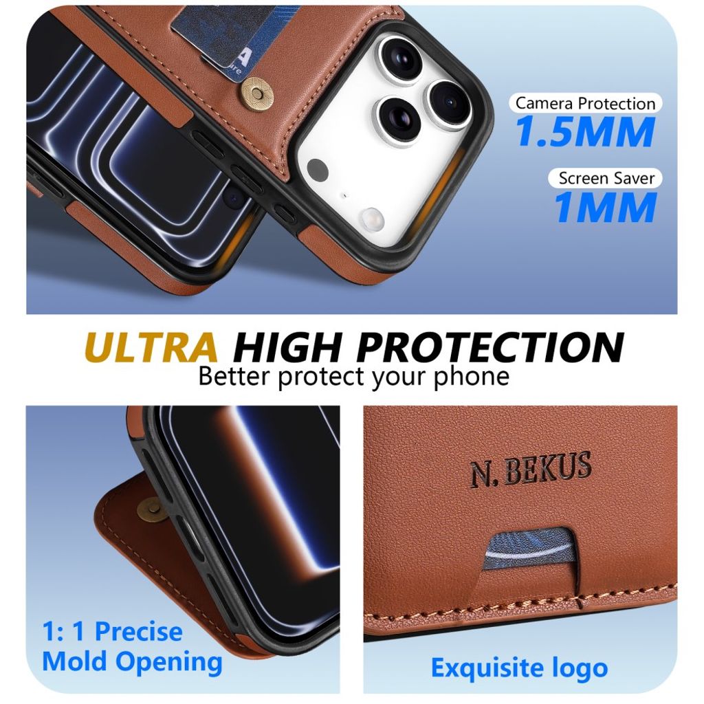 N.BEKUS iPhone 18 Pro/17 Pro Lompakkokuori RFID-suojauksella - Ruskea