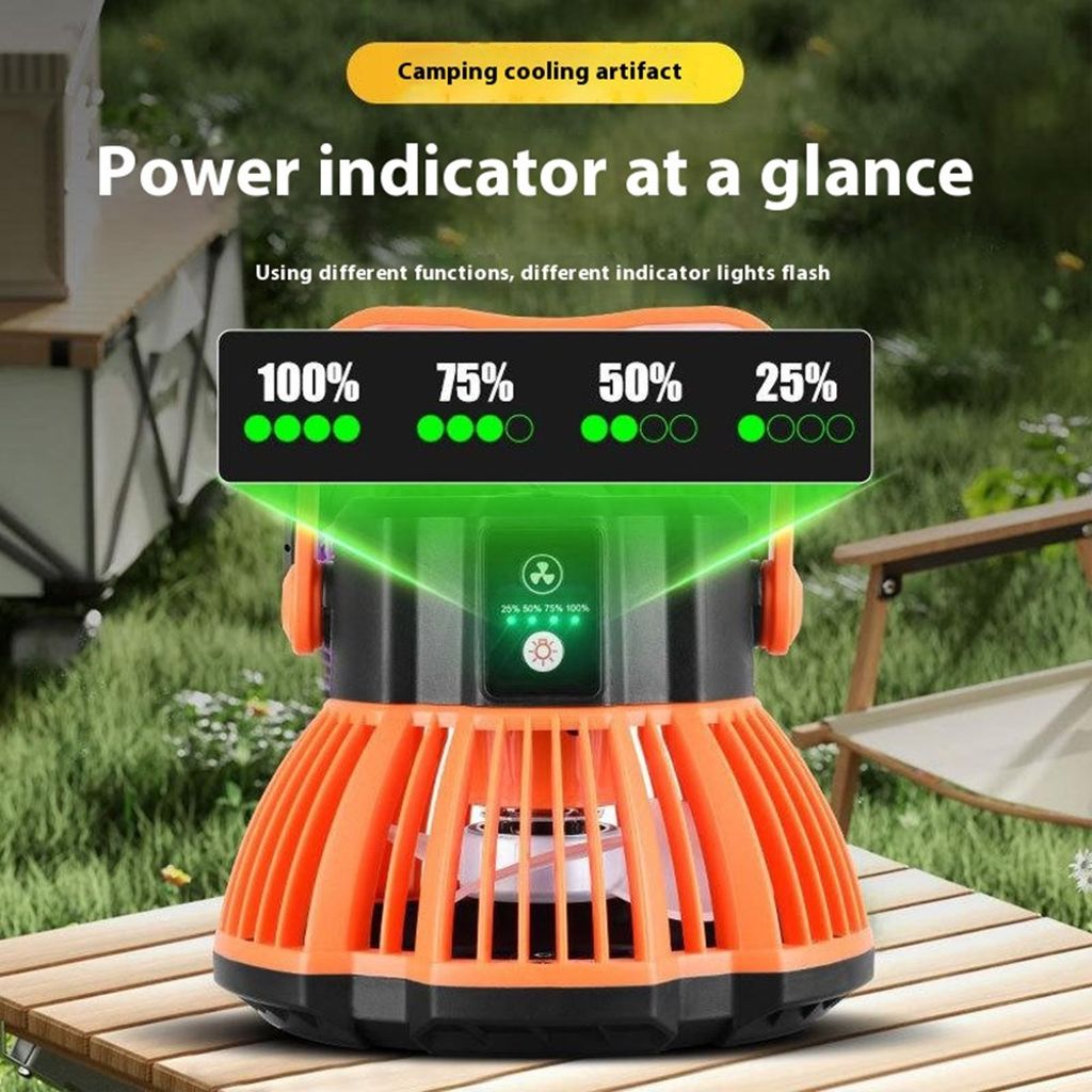 3-i-1 campingfläkt med LED-belysning och powerbank – Orange