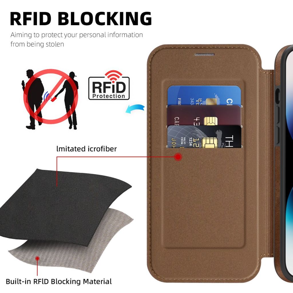 iPhone 14 Pro Wallet Cover MagSafe RFID Blocking - Brown