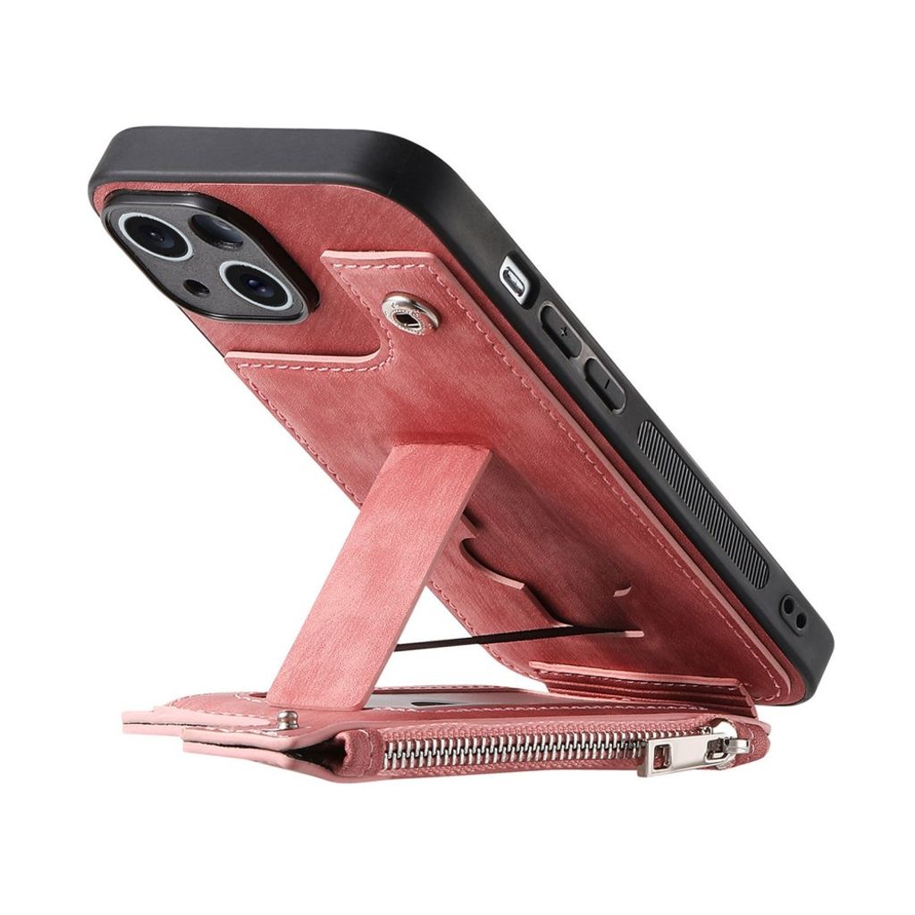 iPhone 14 Pungcover med Kortholder og Stativ - Lyserød