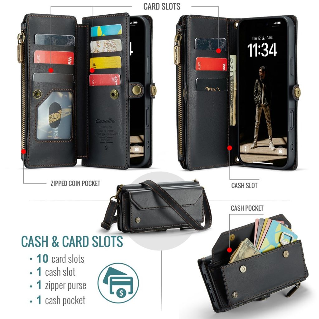 CASEME iPhone 16 Cover with 10 Card Slots - Black