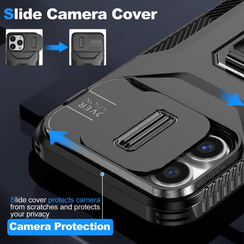 iPhone 14 Pro Max Case Kickstand Sliding Lens Cover – Black
