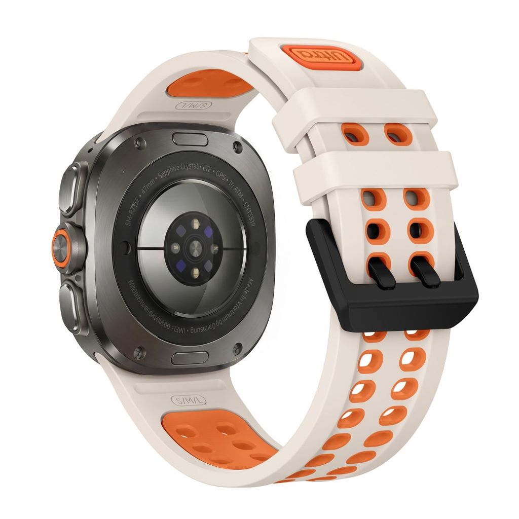 Samsung Galaxy Watch Ultra/Ultra2 Tofarget silikon klokkerem med dobbel spenne - Hvit/oransje