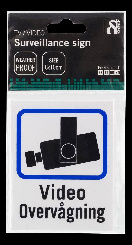 Deltaco dansk tv/video övervakningsskylt i plast 8x10cm – 2-pack