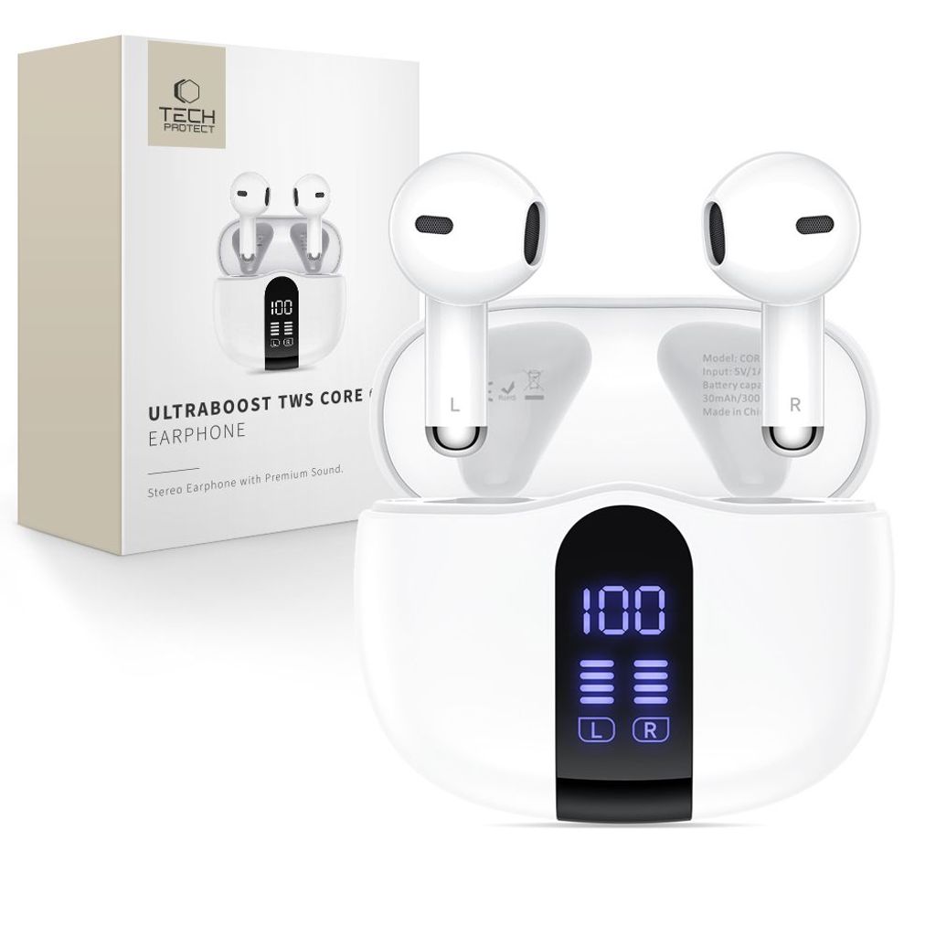 Tech-Protect UltraBoost TWS Core G2 in-ear trådløse hodetelefoner – hvit