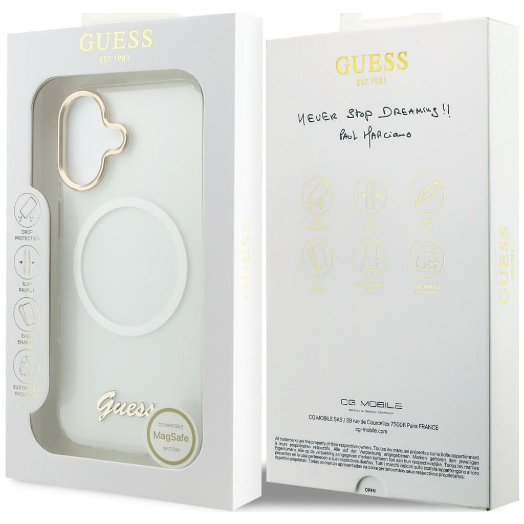 Guess IML Gradient Script Metal MagSafe -kuori till iPhone 17 - Valkoinen