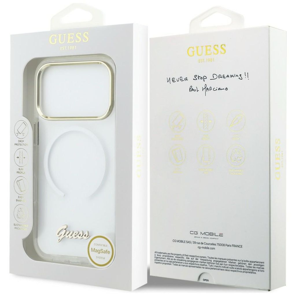 Guess IML Gradient Script Metal MagSafe -kuori till iPhone 17 Pro Max - Valkoinen