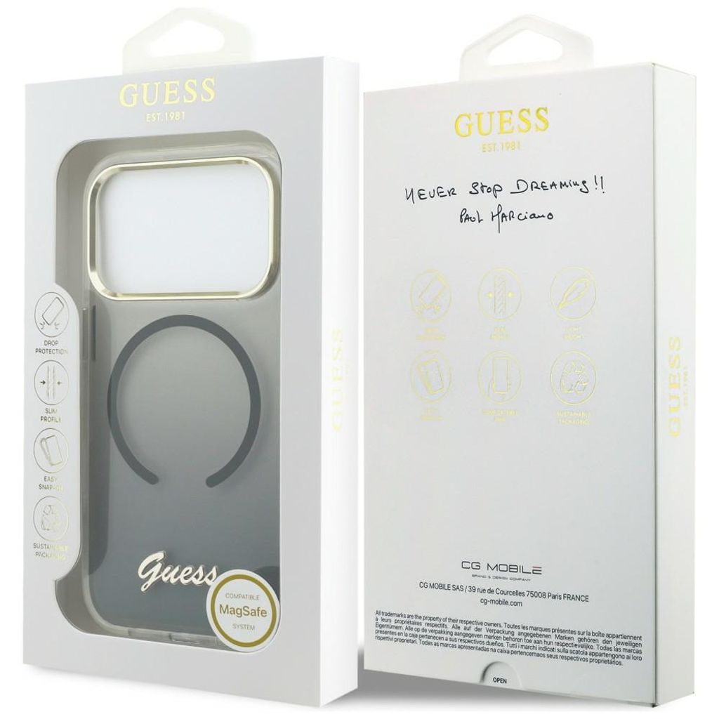 Guess IML Gradient Script Metal MagSafe -kuori till iPhone 17 Pro - Musta