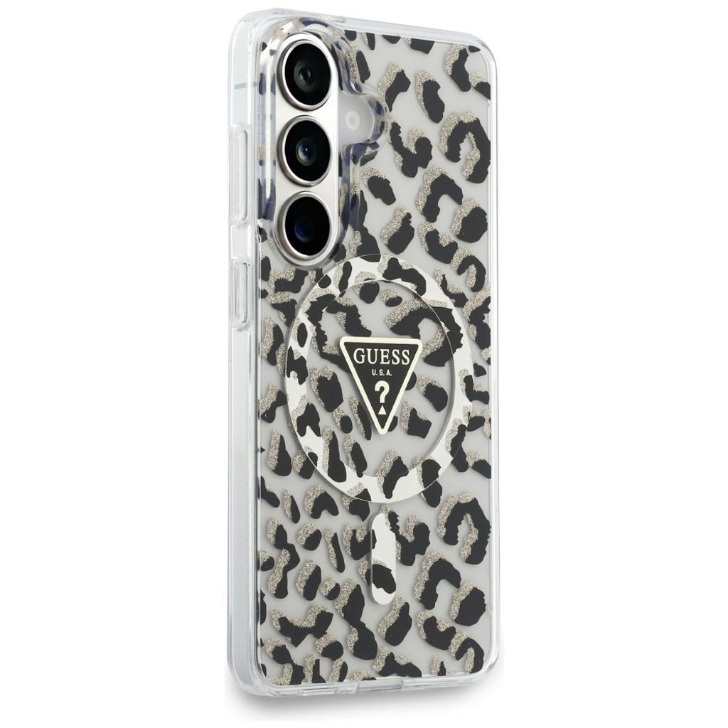 Guess Leopard Glitter Triangle Logo MagSafe Skal till Samsung Galaxy S26 - Svart
