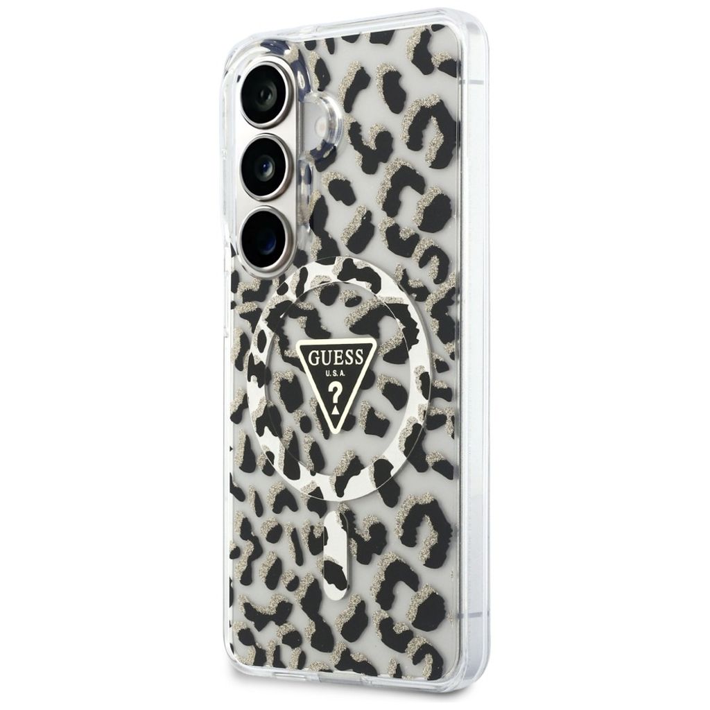 Guess Leopard Glitter Triangle Logo MagSafe Skal till Samsung Galaxy S26 - Svart