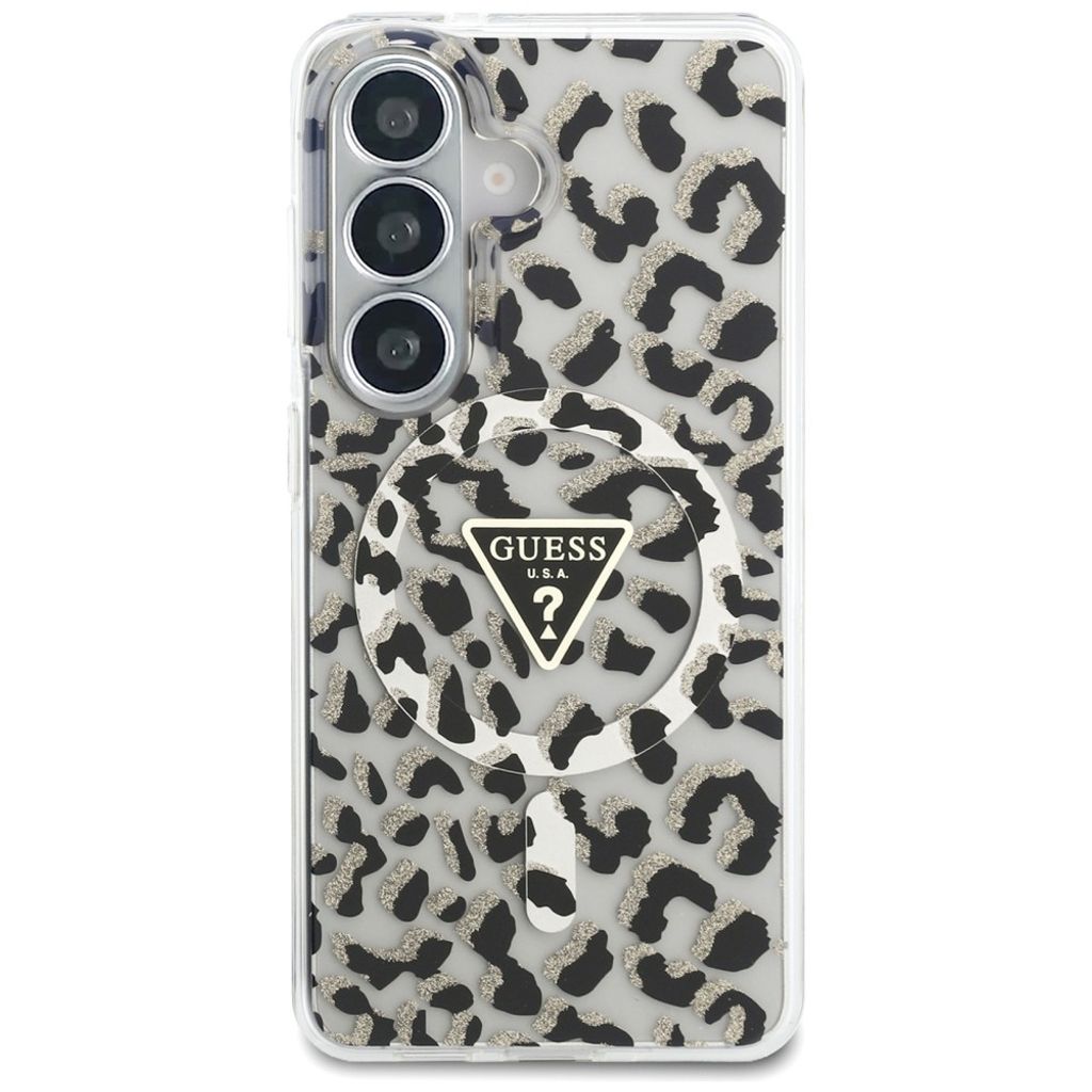 Guess Leopard Glitter Triangle Logo MagSafe Skal till Samsung Galaxy S26 - Svart