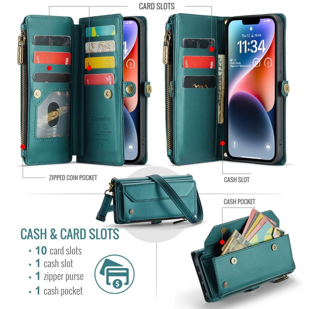 CASEME iPhone 14 Plus Pungetui RFID Blocking/Stativ – Grøn