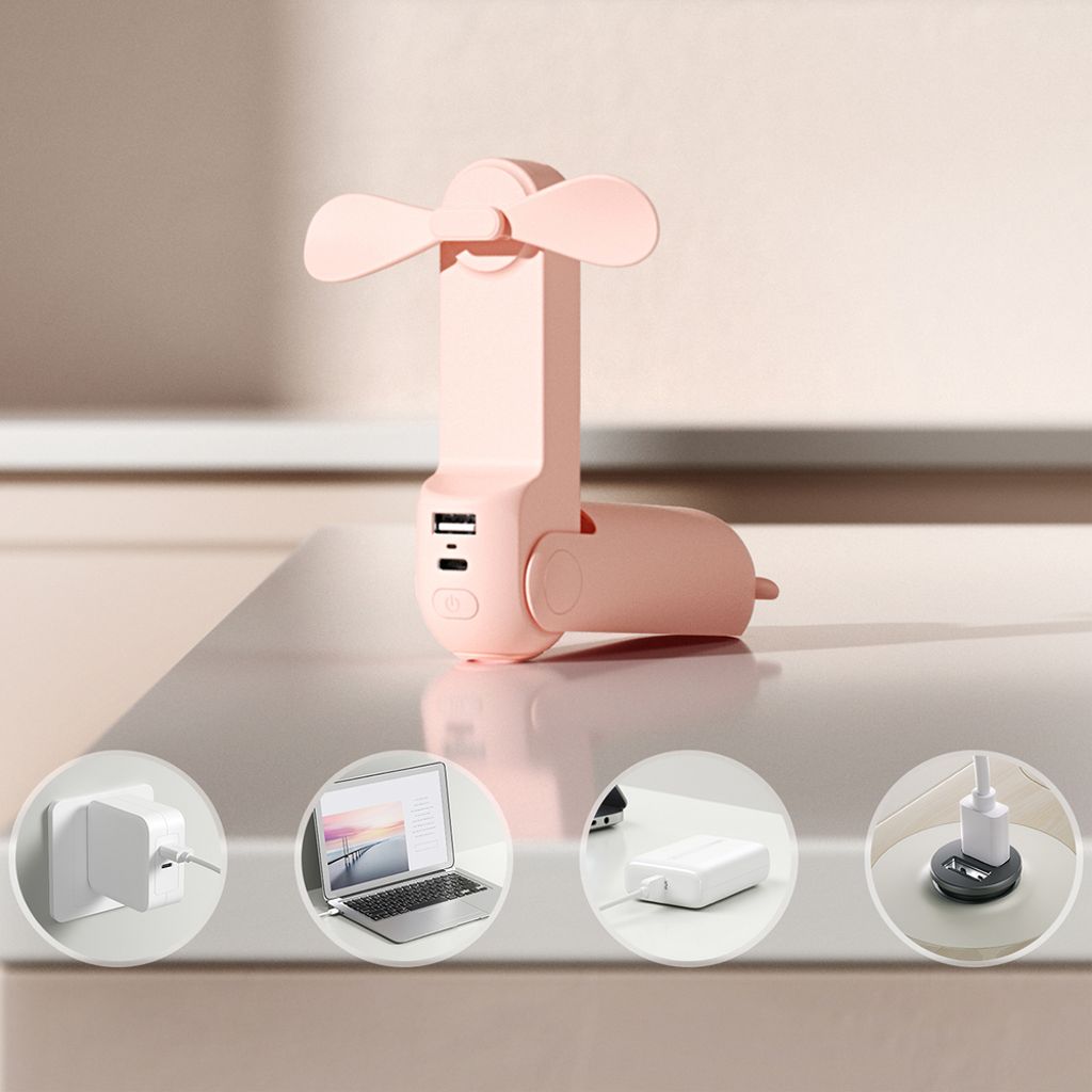 Jisulife Life8 bærbar USB-vifte med powerbank 2000 mAh – rosa