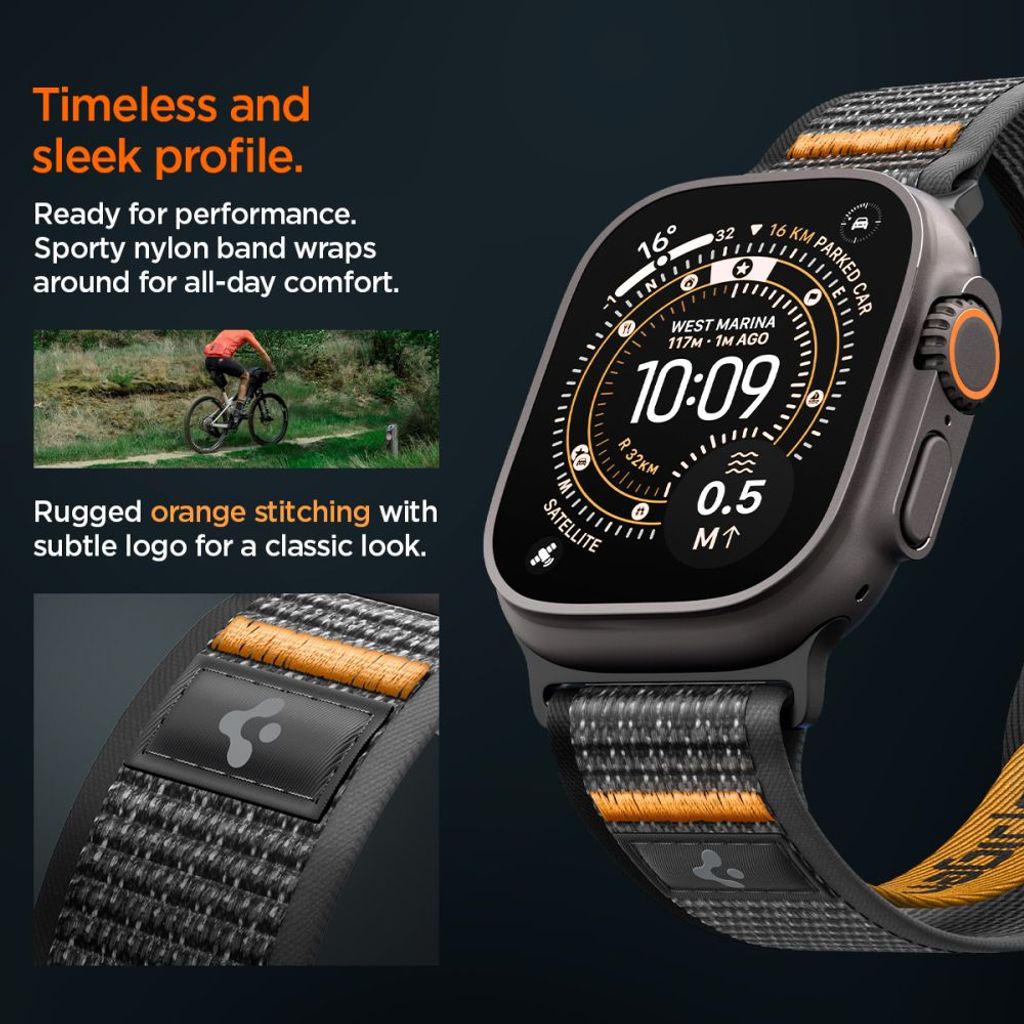 Spigen Athlex Air 2 Kellonranneke Apple Watch 44/45/46/49mm - Musta/Oranssi