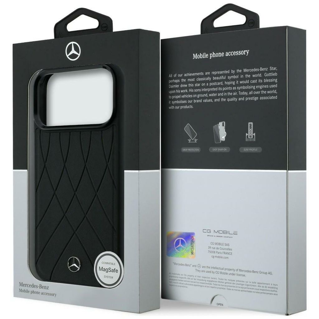 Mercedes Leather Crossed Lines MagSafe -kuori till iPhone 17 Pro - Musta