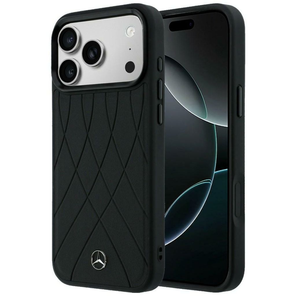 Mercedes Leather Crossed Lines MagSafe -kuori till iPhone 17 Pro - Musta
