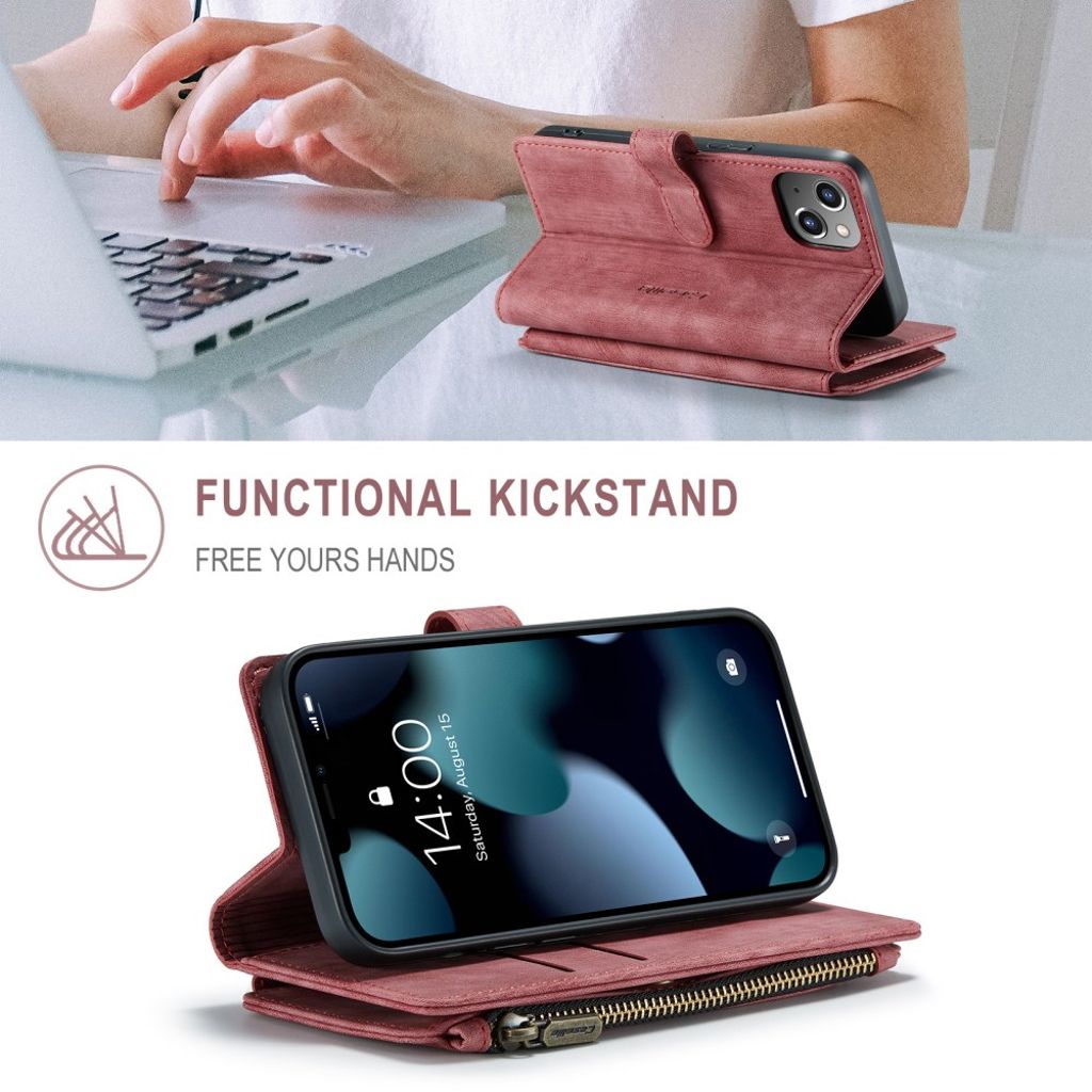 CASEME iPhone 13 Wallet Cover Card Holder Strap PU Leather - Red