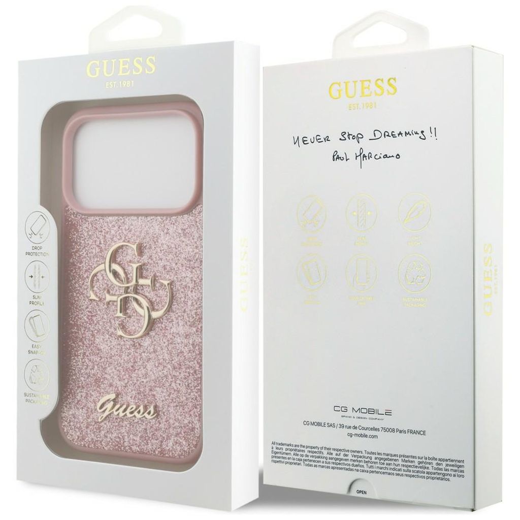 Guess Big 4G Glitter -kuori iPhone 17 Pro/18 Pro:lle - Vaaleanpunainen
