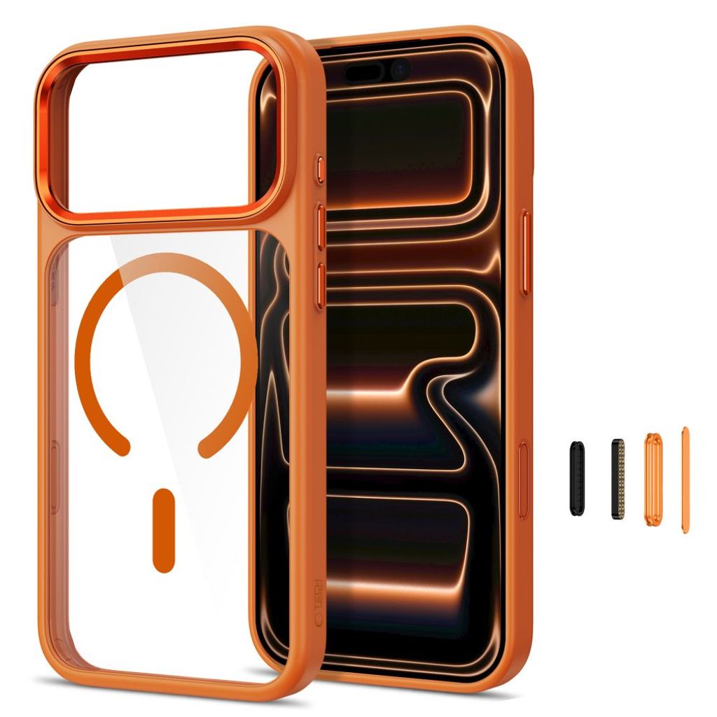 Tech-Protect Magmat MagSafe CC -kuori iPhone 17 Pro/18 Pro:lle - Läpinäkyvä/oranssi