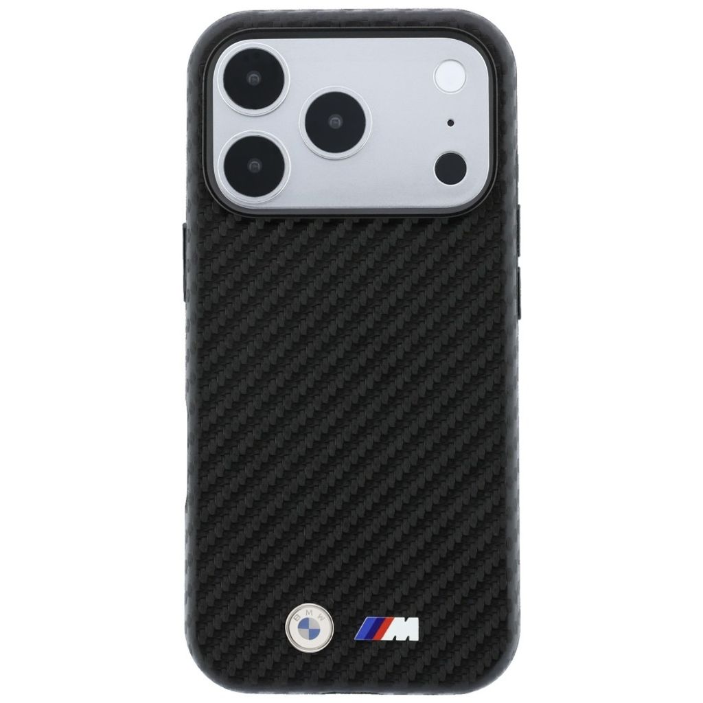 BMW Carbon Metal Logo MagSafe -kuori iPhone 17 Pro/18 Pro:lle - Musta