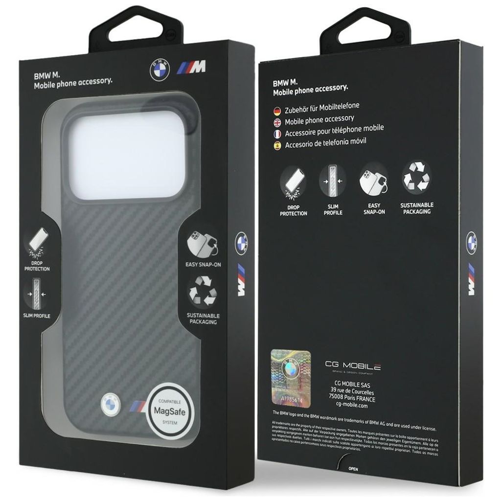 BMW Carbon Metal Logo MagSafe -kuori iPhone 17 Pro/18 Pro:lle - Musta