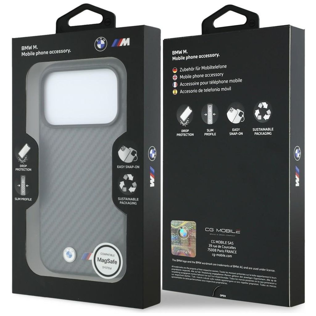 BMW Carbon Metal Logo MagSafe -kuori  iPhone 17 Pro/18 Pro:lle - Harmaa