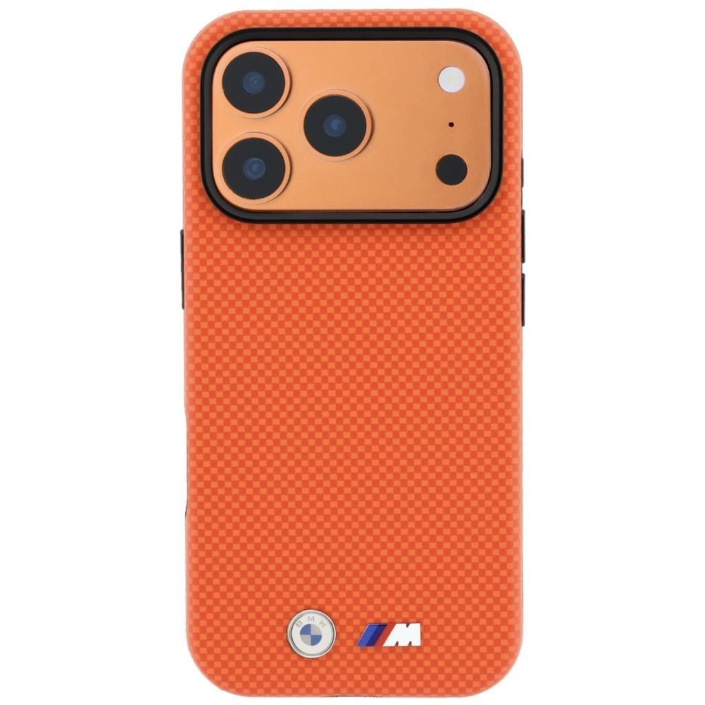 BMW Quadrille Kevlar Metal Logo MagSafe -kuori Rengasjalusta iPhone 17 Pro Max/18 Pro Max:lle - Oranssi