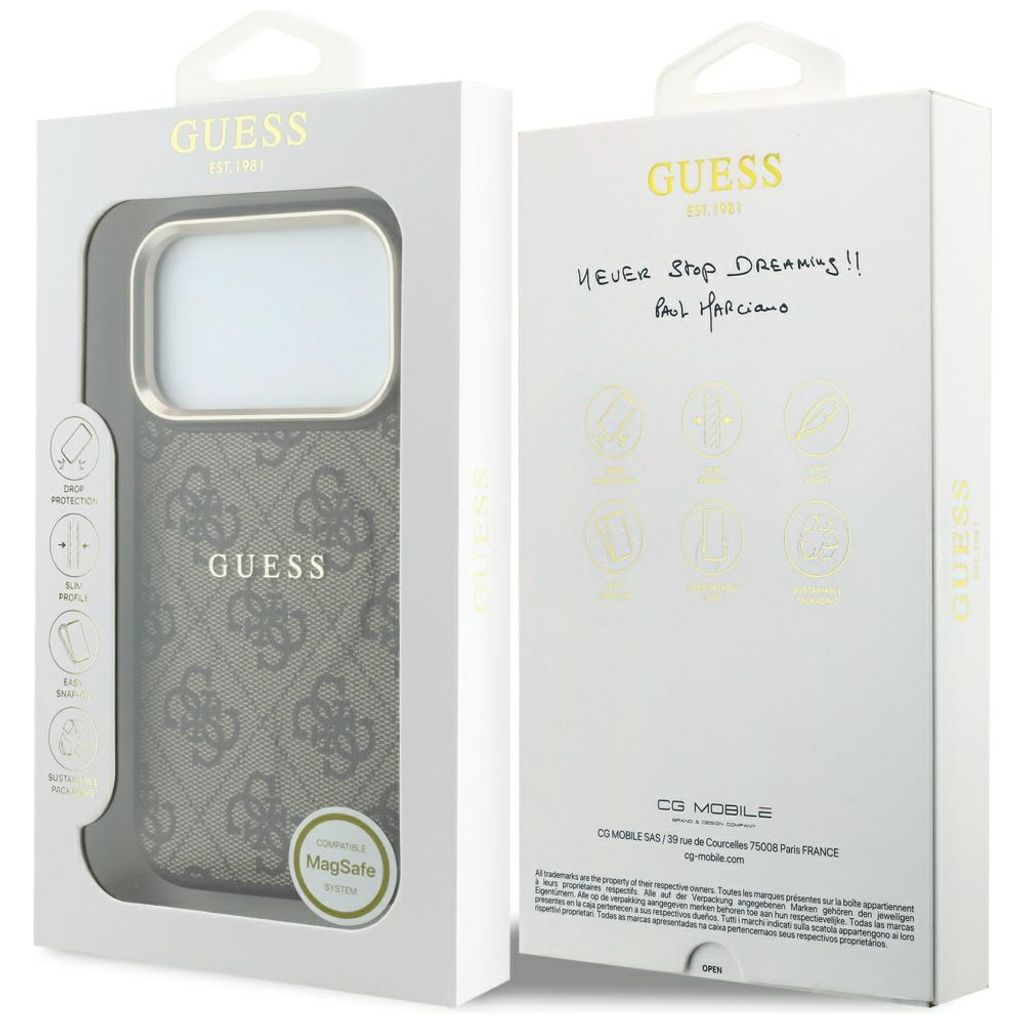 Guess Embossed 4G Classic MagSafe -kuori iPhone 17 Pro Max/18 Pro Max:lle - Ruskea