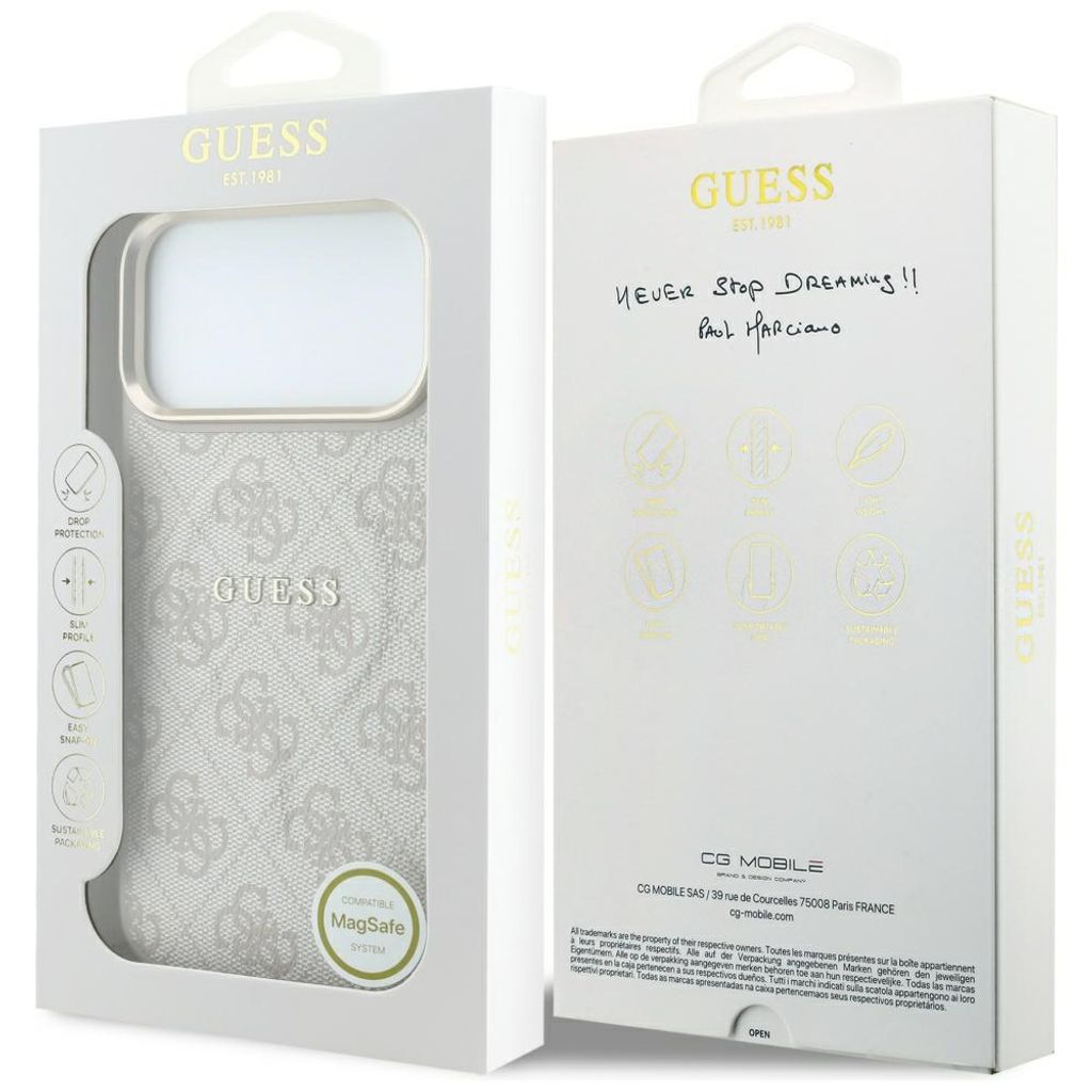 Guess Embossed 4G Classic MagSafe -kuori iPhone 17 Pro Max/18 Pro Max:lle - Vaaleanpunainen