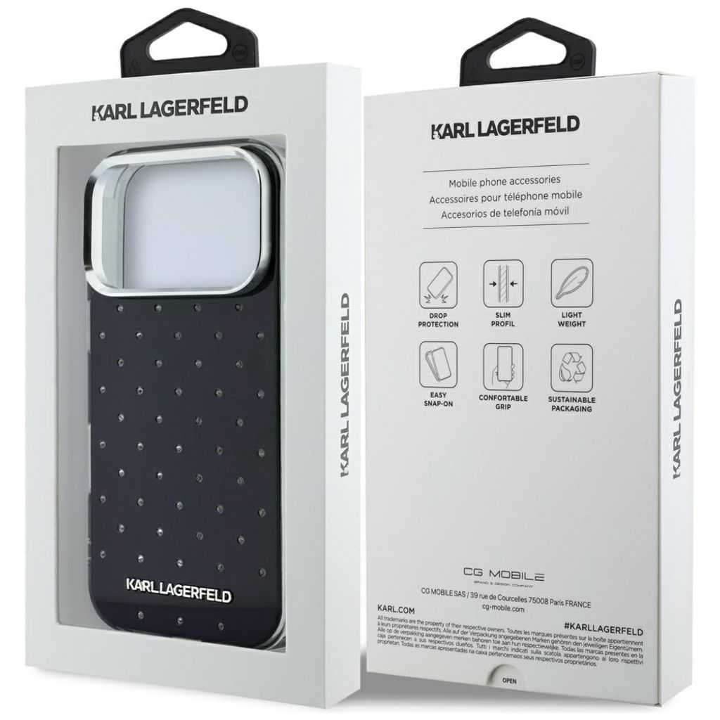 Karl Lagerfeld Rhinestones & Logo -kuori Rengasjalusta iPhone 17 Pro/18 Pro:lle - Musta