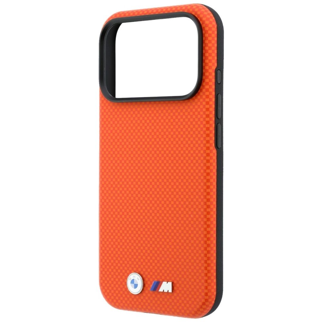 BMW Quadrille Kevlar Metal Logo MagSafe -kuori Rengasjalusta iPhone 17 Pro/18 Pro:lle - Oranssi