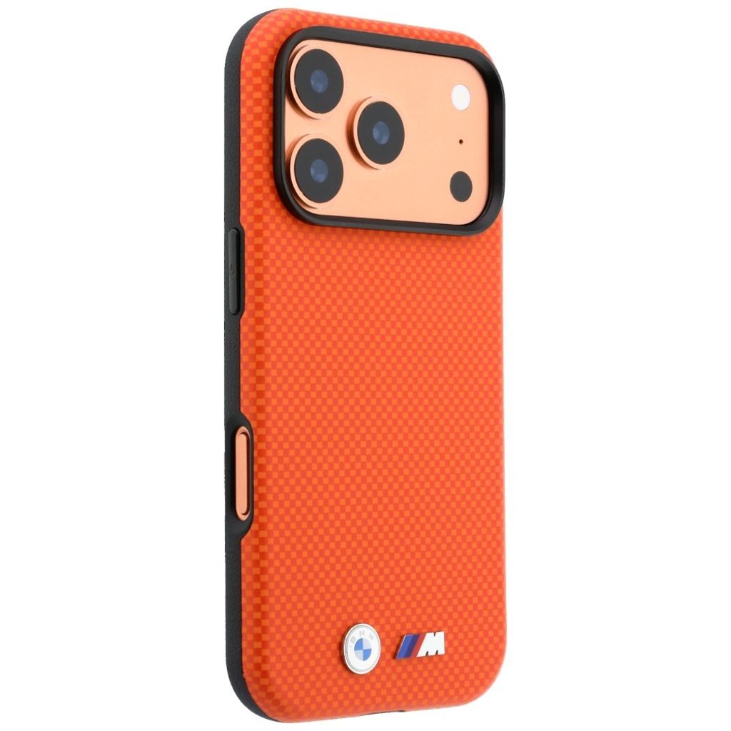 BMW Quadrille Kevlar Metal Logo MagSafe -kuori Rengasjalusta iPhone 17 Pro/18 Pro:lle - Oranssi