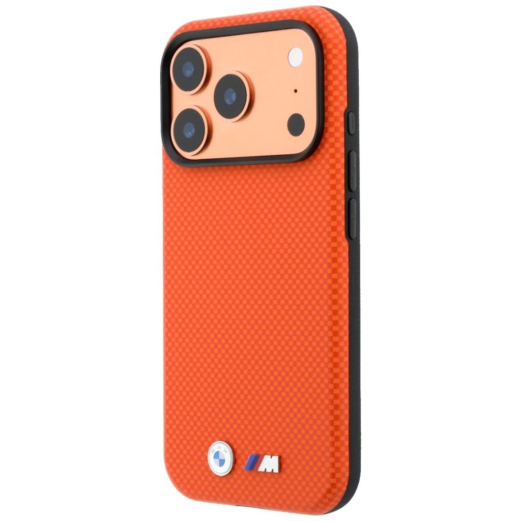 BMW Quadrille Kevlar Metal Logo MagSafe -kuori Rengasjalusta iPhone 17 Pro/18 Pro:lle - Oranssi
