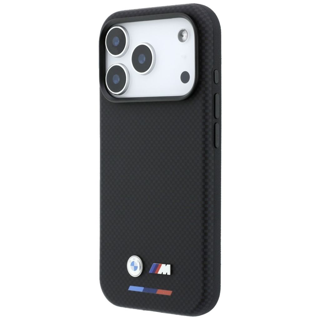 BMW Quadrille Kevlar Tricolor Logo MagSafe -kuori Rengasjalusta iPhone 17 Pro/18 Pro:lle - Musta